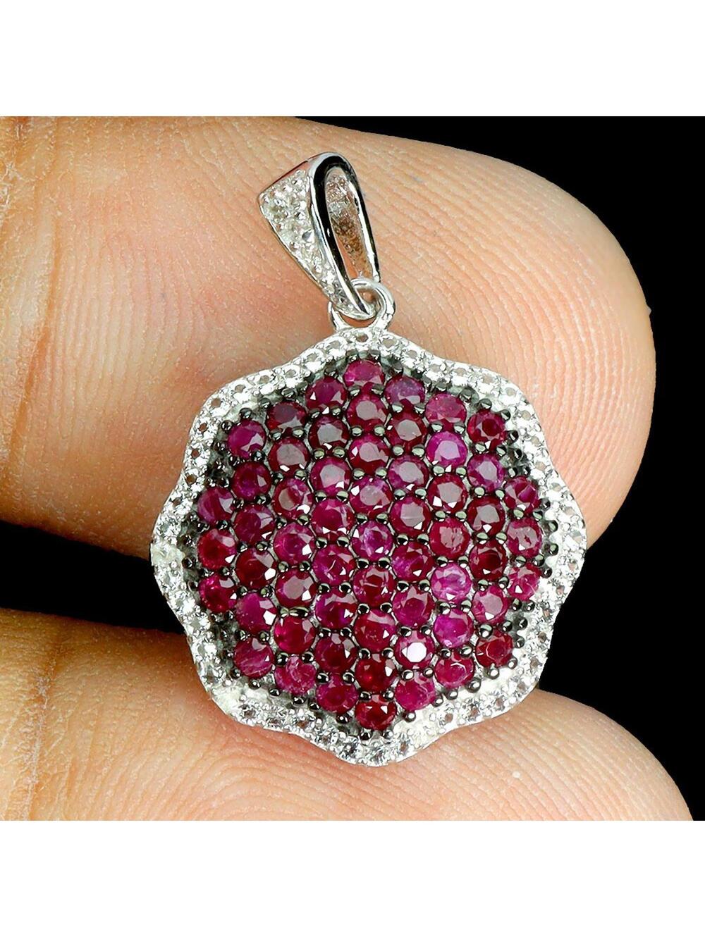 925 Sterling Silver Pendant Ruby Myanmar Round Diamond Cut Topaz Gemstone